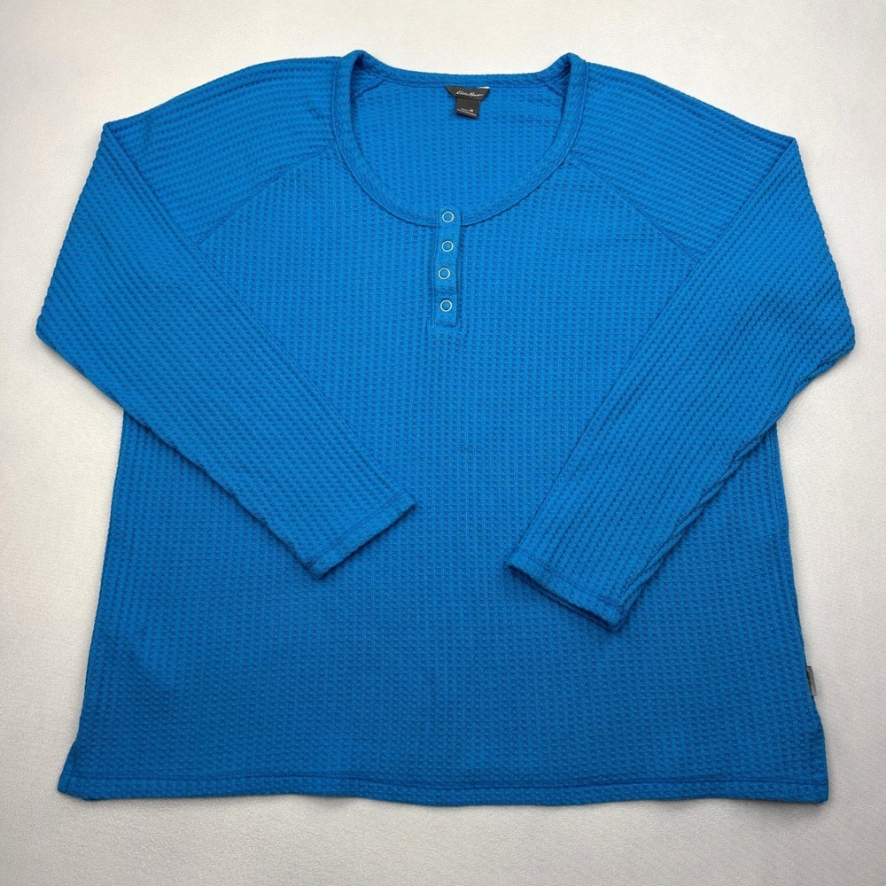 Eddie Bauer Waffle Thermal Henley Womens Medium Blue Snap Button Long Sleeve Top
